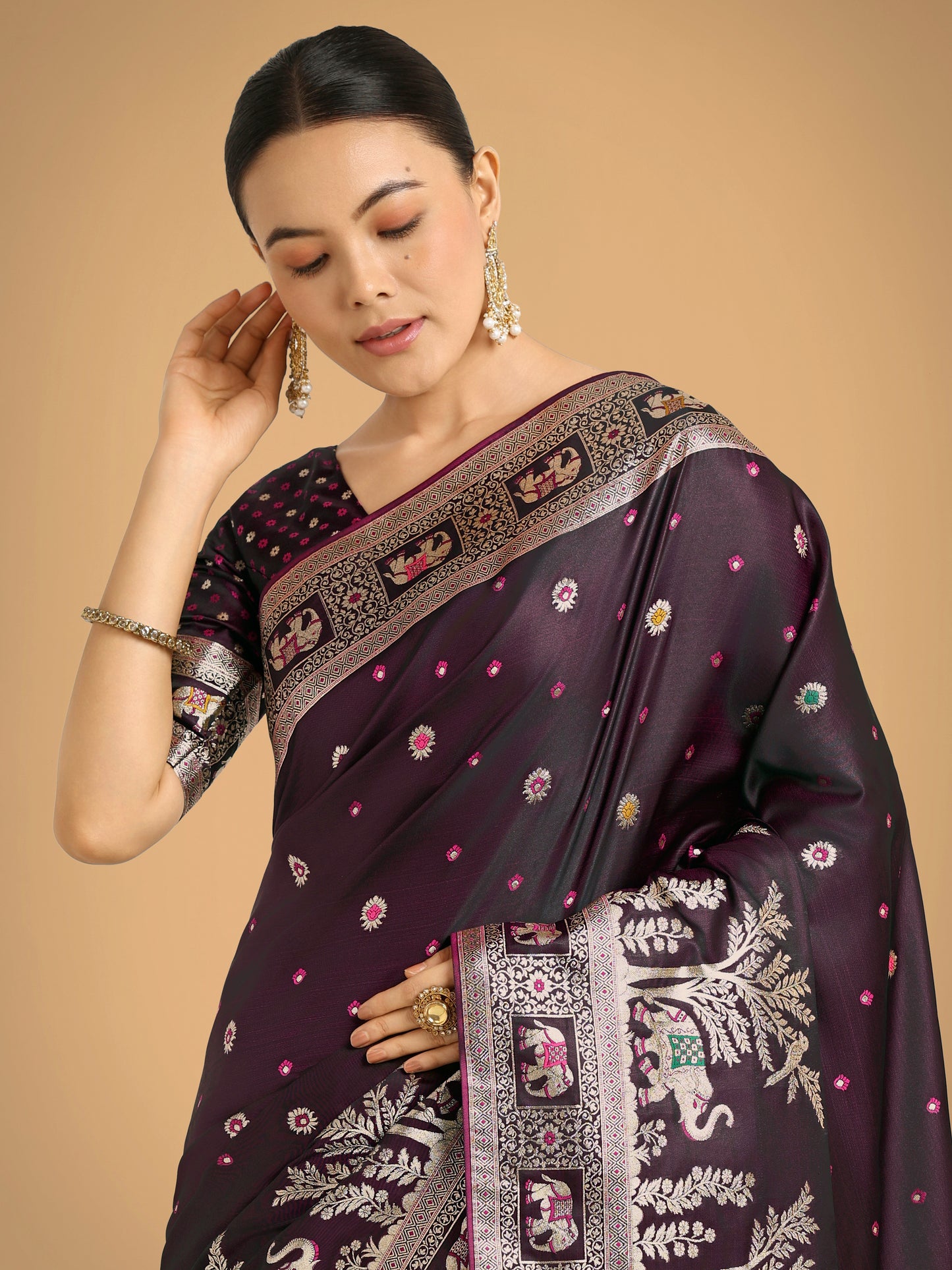 Dhiyona MJ Gorgeous Wine Woven Banarasi Designer Satin Silk Saree