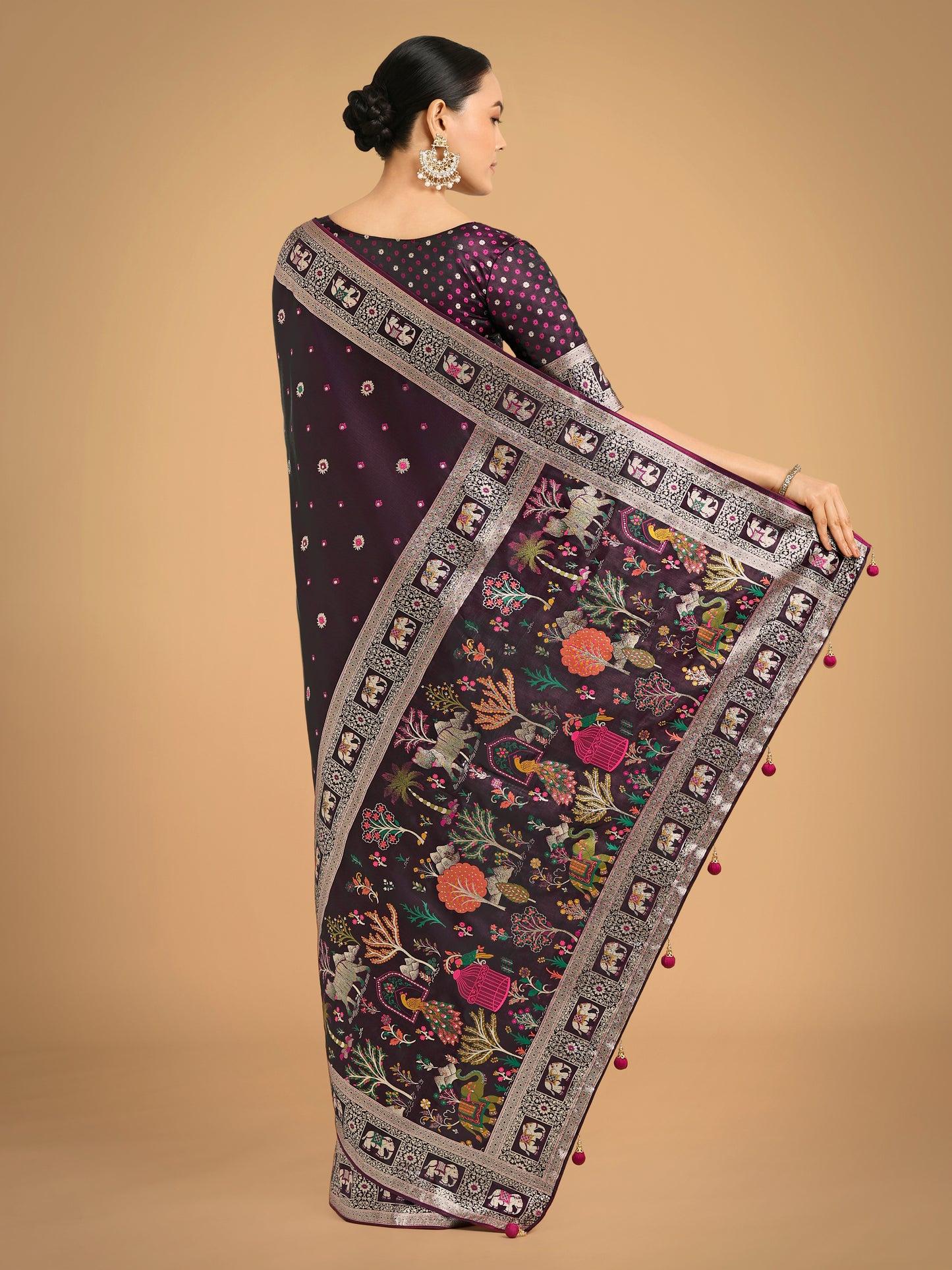 Dhiyona MJ Gorgeous Wine Woven Banarasi Designer Satin Silk Saree