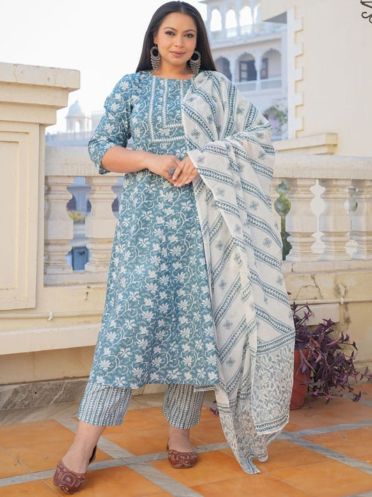 Dhiyona KL Women Floral Printed Regular Pure Cotton Kurta with Trousers & Dupatta