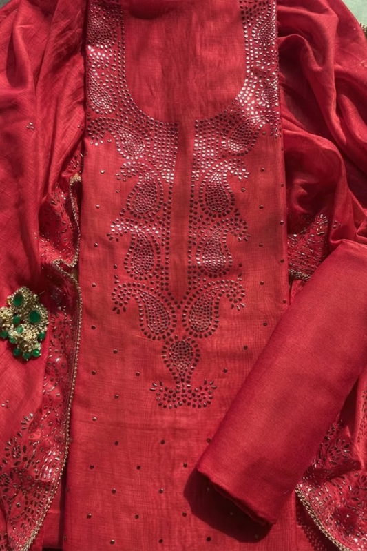Dhiyona ST 3 Pc Unstitched Suit - Chanderi Red Mukiesh Kurta with Lining ,Dupatta and Bottom