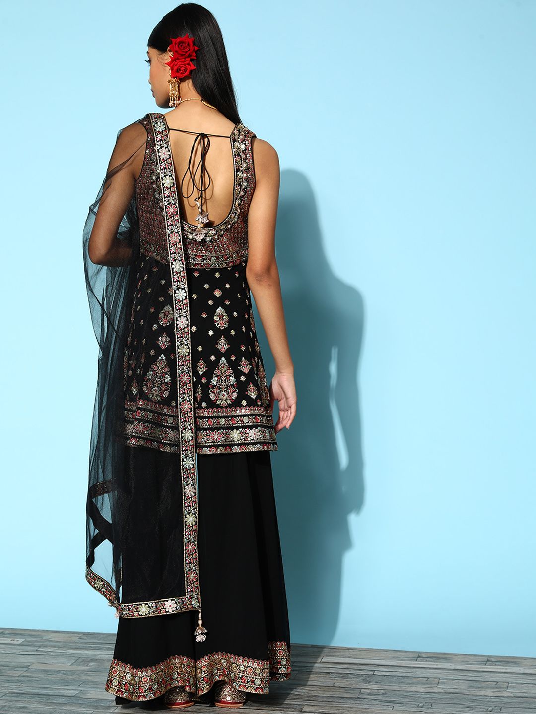 Dhiyona LL Floral Embroidered Empire Sequinned Kurti With Palazzos & With Dupatta