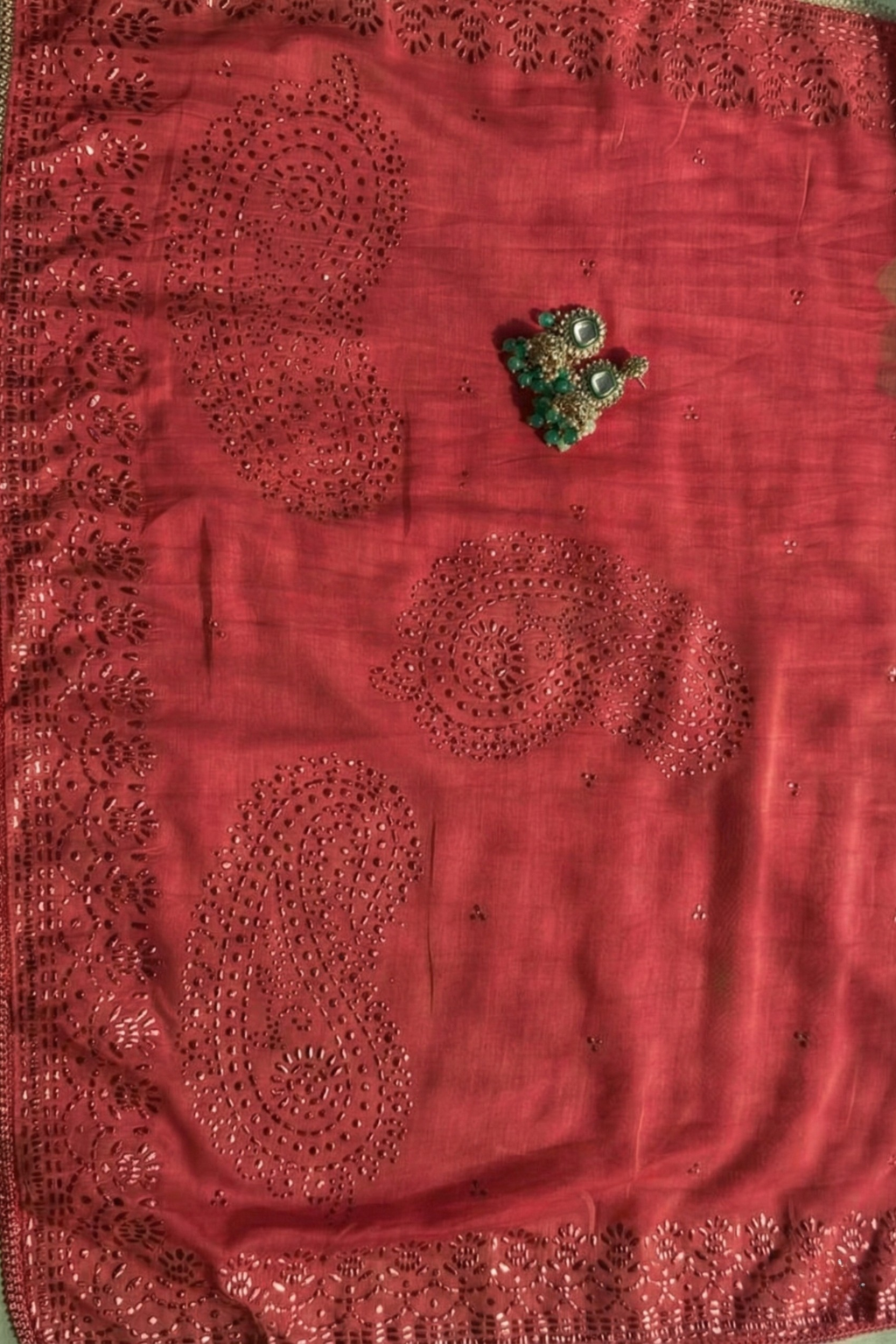 Dhiyona ST 3 Pc Unstitched Suit - Chanderi Red Mukiesh Kurta with Lining ,Dupatta and Bottom