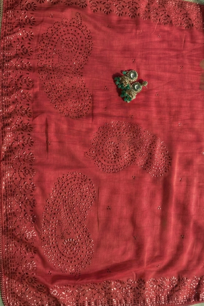 Dhiyona ST 3 Pc Unstitched Suit - Chanderi Red Mukiesh Kurta with Lining ,Dupatta and Bottom