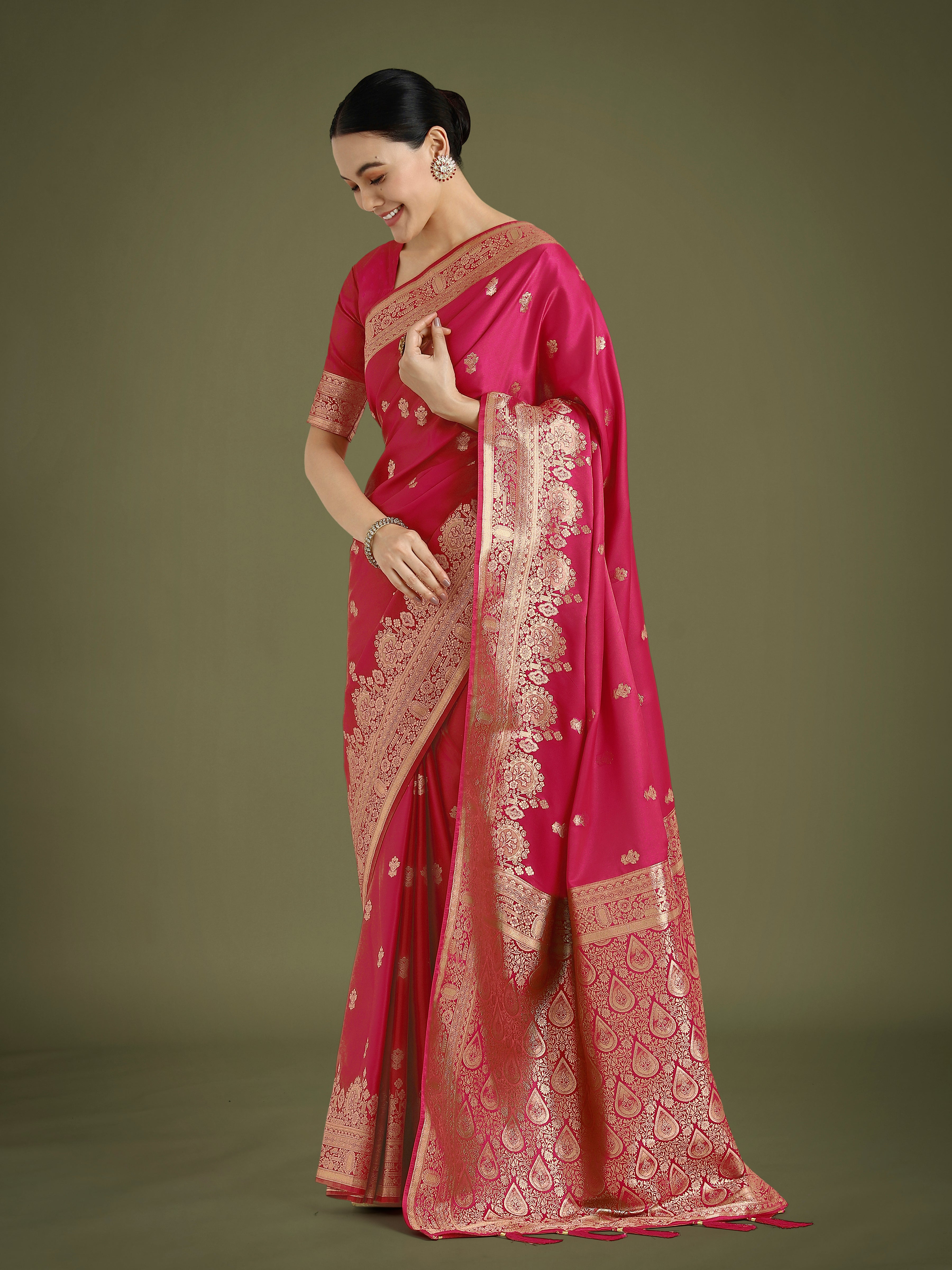Dhiyona MJ Hot Pink With Gold Bordar Banarasi Woven Satin Saree
