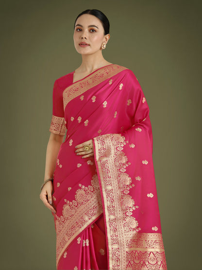 Dhiyona MJ Hot Pink With Gold Bordar Banarasi Woven Satin Saree