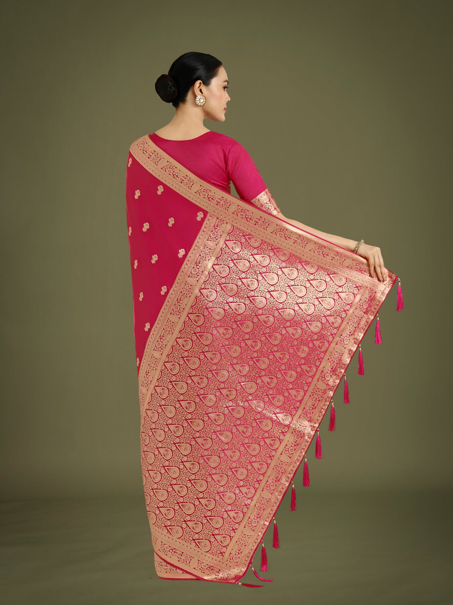 Dhiyona MJ Hot Pink With Gold Bordar Banarasi Woven Satin Saree