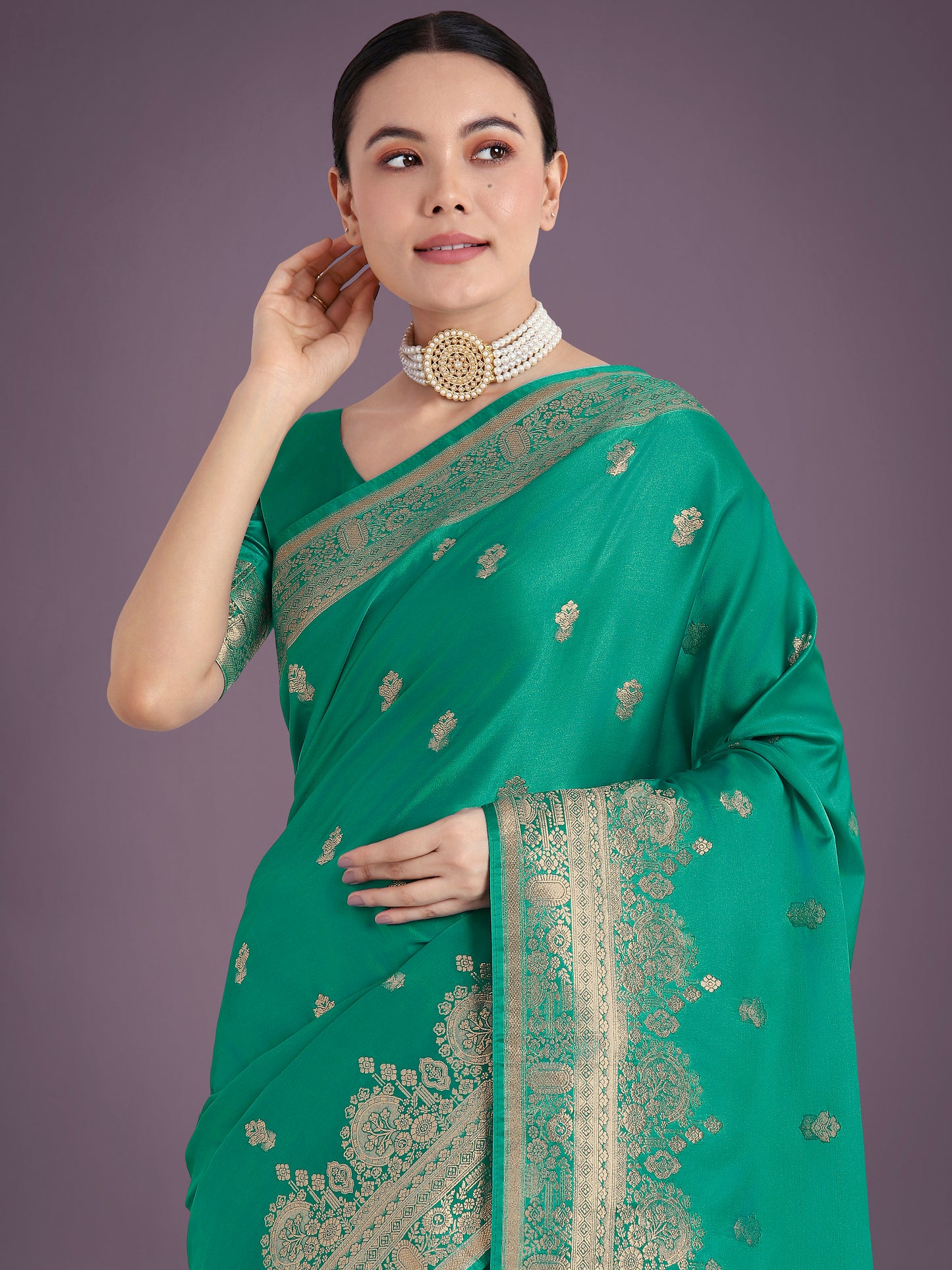 Dhiyona MJ Turquoise With Gold Bordar Banarasi Woven Satin Saree