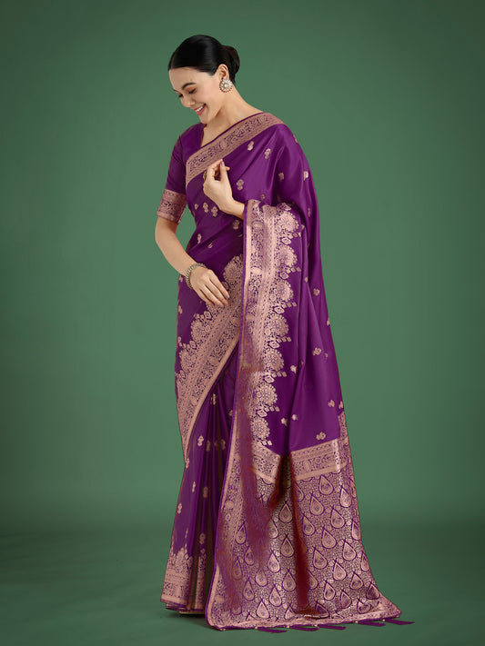 Dhiyona MJ Purple With Gold Bordar Banarasi Woven Satin Saree