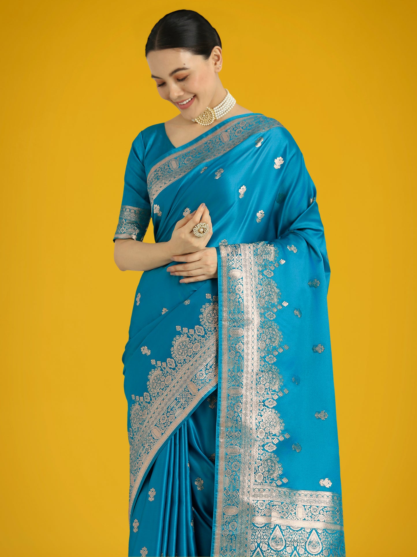 Dhiyona MJ Cyan blue With Gold Bordar Banarasi Woven Satin Saree
