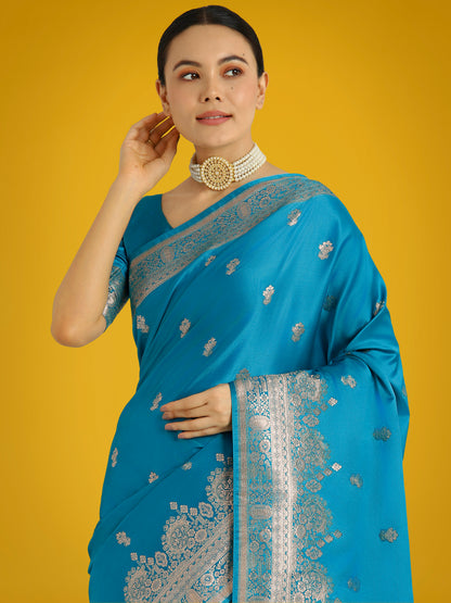 Dhiyona MJ Cyan blue With Gold Bordar Banarasi Woven Satin Saree