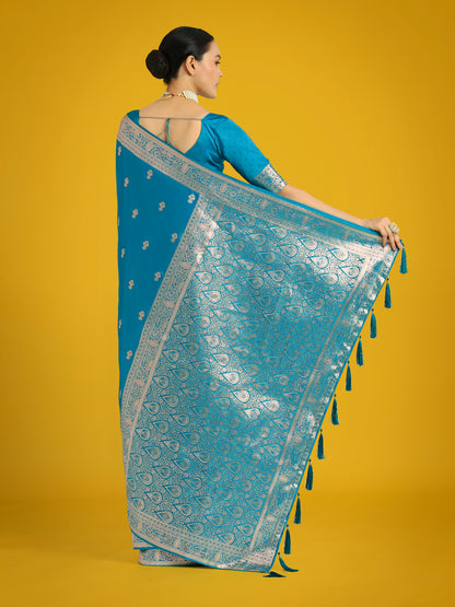 Dhiyona MJ Cyan blue With Gold Bordar Banarasi Woven Satin Saree