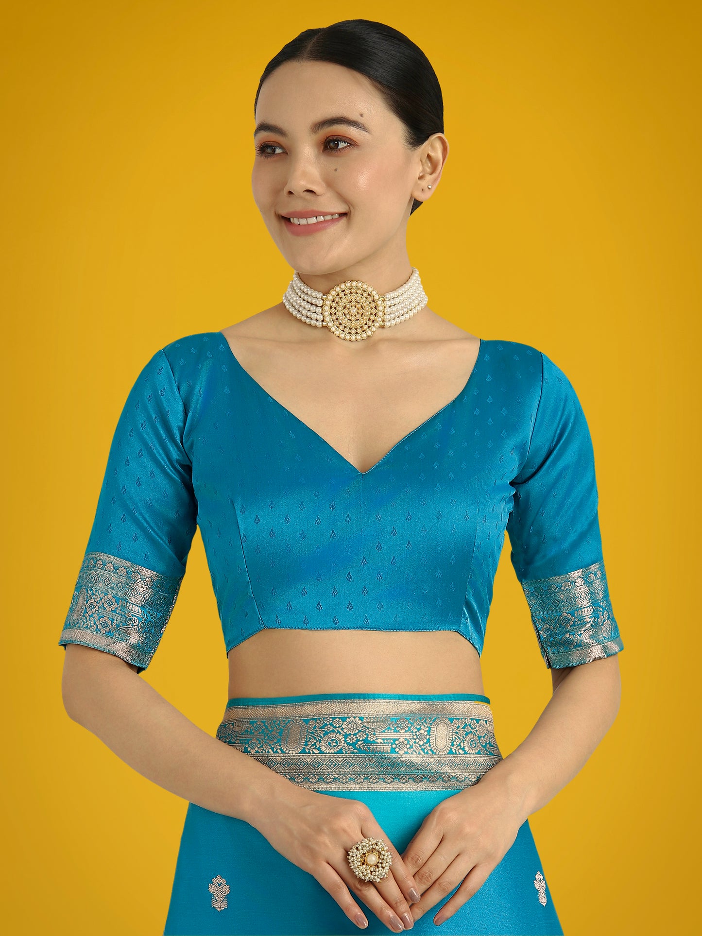 Dhiyona MJ Cyan blue With Gold Bordar Banarasi Woven Satin Saree