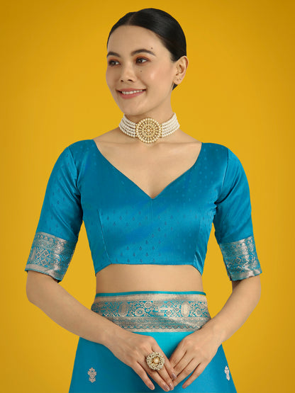 Dhiyona MJ Cyan blue With Gold Bordar Banarasi Woven Satin Saree