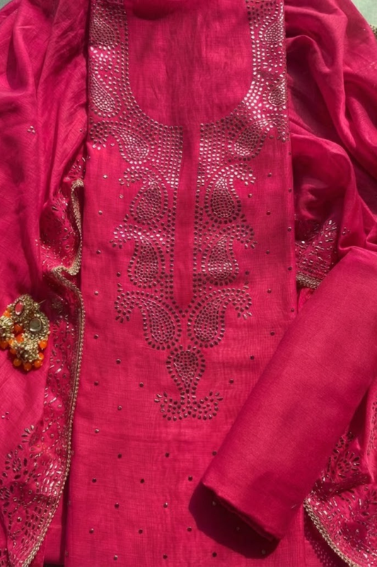 Dhiyona ST 3 Pc Unstitched Suit - Chanderi Pink Mukiesh Kurta with Lining ,Dupatta and Bottom