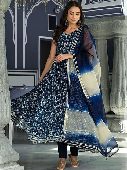 Dhiyona KL Ethnic Motifs Printed Shoulder Straps Anarkali Kurta & Trousers With Dupatta