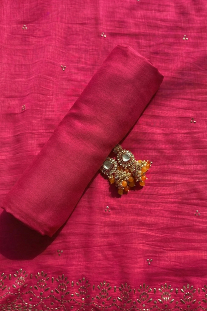 Dhiyona ST 3 Pc Unstitched Suit - Chanderi Pink Mukiesh Kurta with Lining ,Dupatta and Bottom
