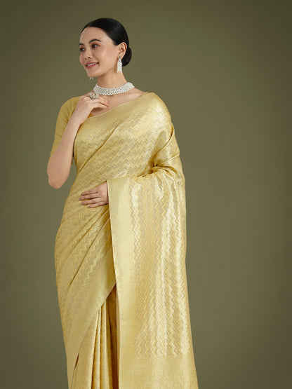 Dhiyona MJ Wonderful Light Yellow Soft Banarasi Satin Silk Leheriya Design Saree