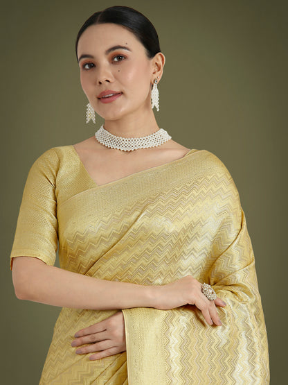 Dhiyona MJ Wonderful Light Yellow Soft Banarasi Satin Silk Leheriya Design Saree