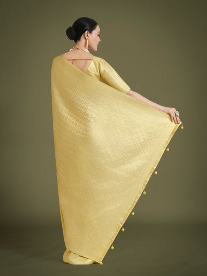 Dhiyona MJ Wonderful Light Yellow Soft Banarasi Satin Silk Leheriya Design Saree