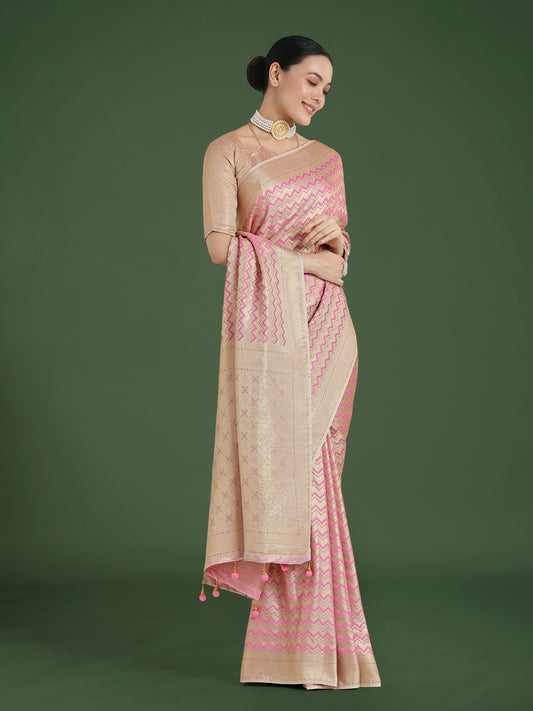 Dhiyona MJ Wonderful Light Pink Soft Banarasi Satin Silk Leheriya Design Saree