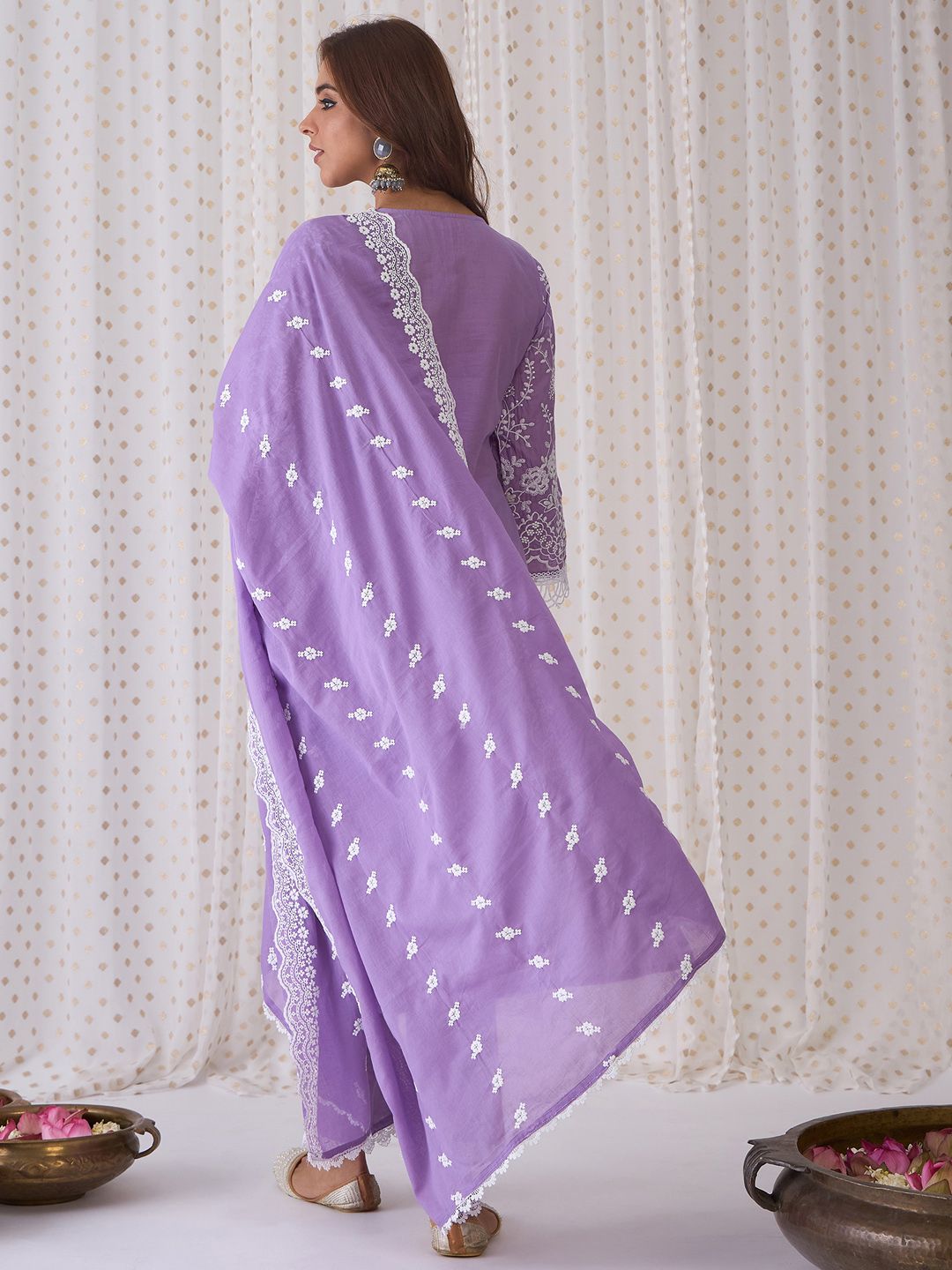 Dhiyona IE Floral Embroidered Round Neck Pure Cotton Straight Kurta with Trousers & Dupatta