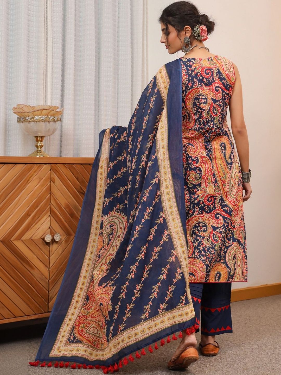 Dhiyona RR Women's Ethnic Motifs Printed Regular Pure Cotton Top with Trousers & With Dupatta