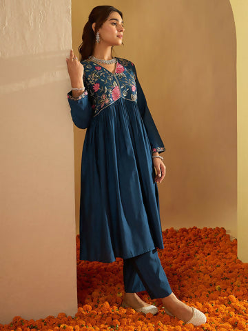 Women's Teal Embroidered A-Line Kurta Trousers Set