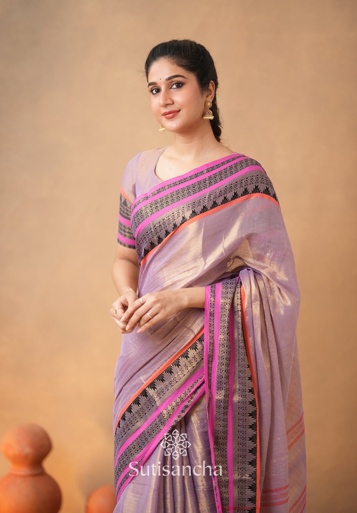 Dhiyona SS South Charm Tissue Cotton Saree with Traditional Border