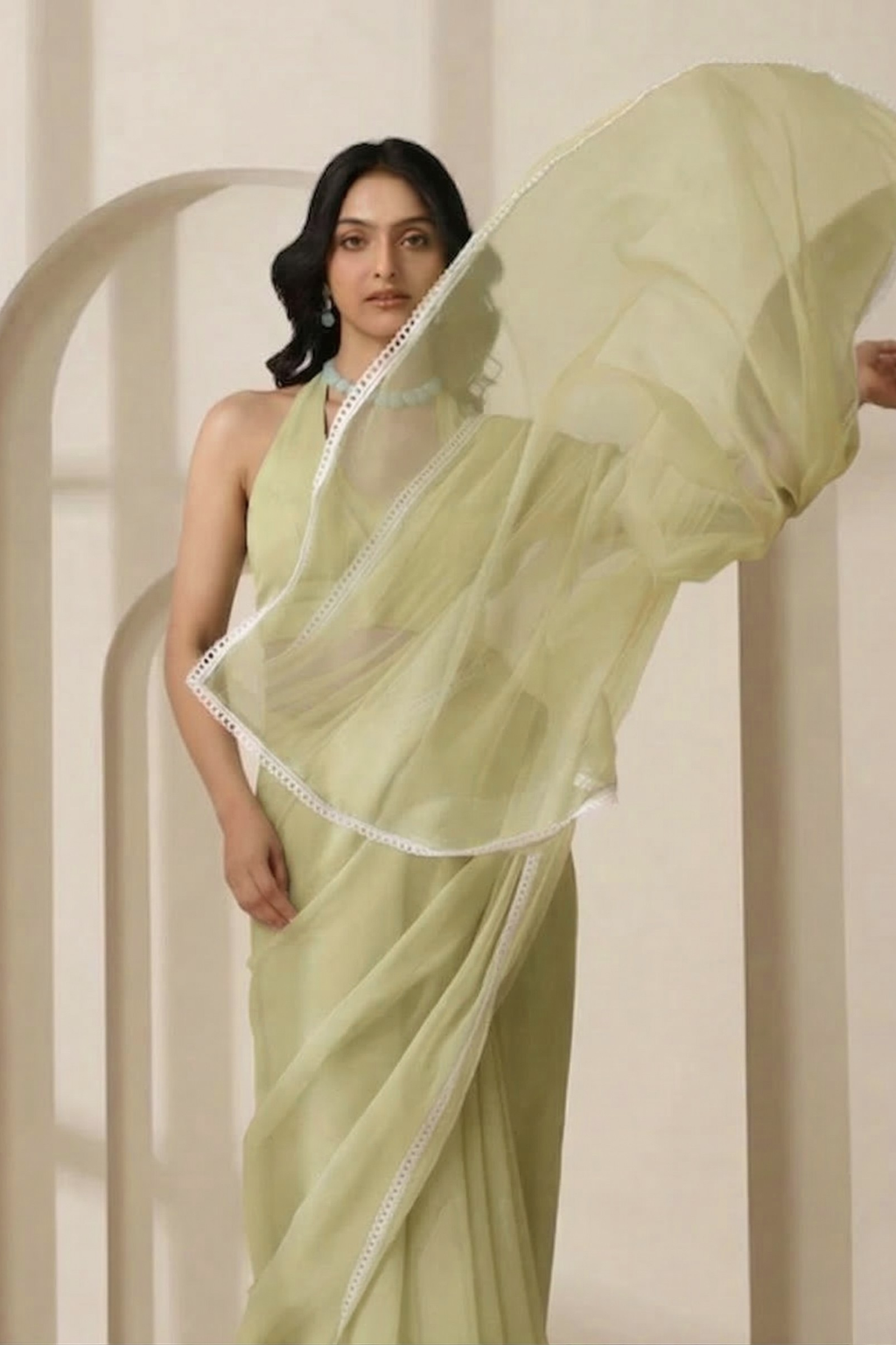 Dhiyona ST Sage Chiffon Saree with White Lace and Self Blouse Fabric