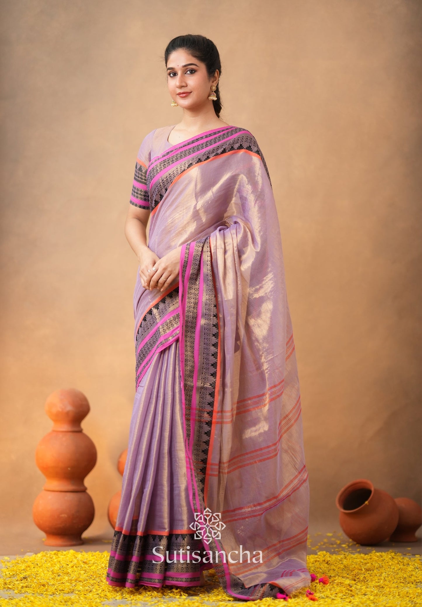 Dhiyona SS South Charm Tissue Cotton Saree with Traditional Border