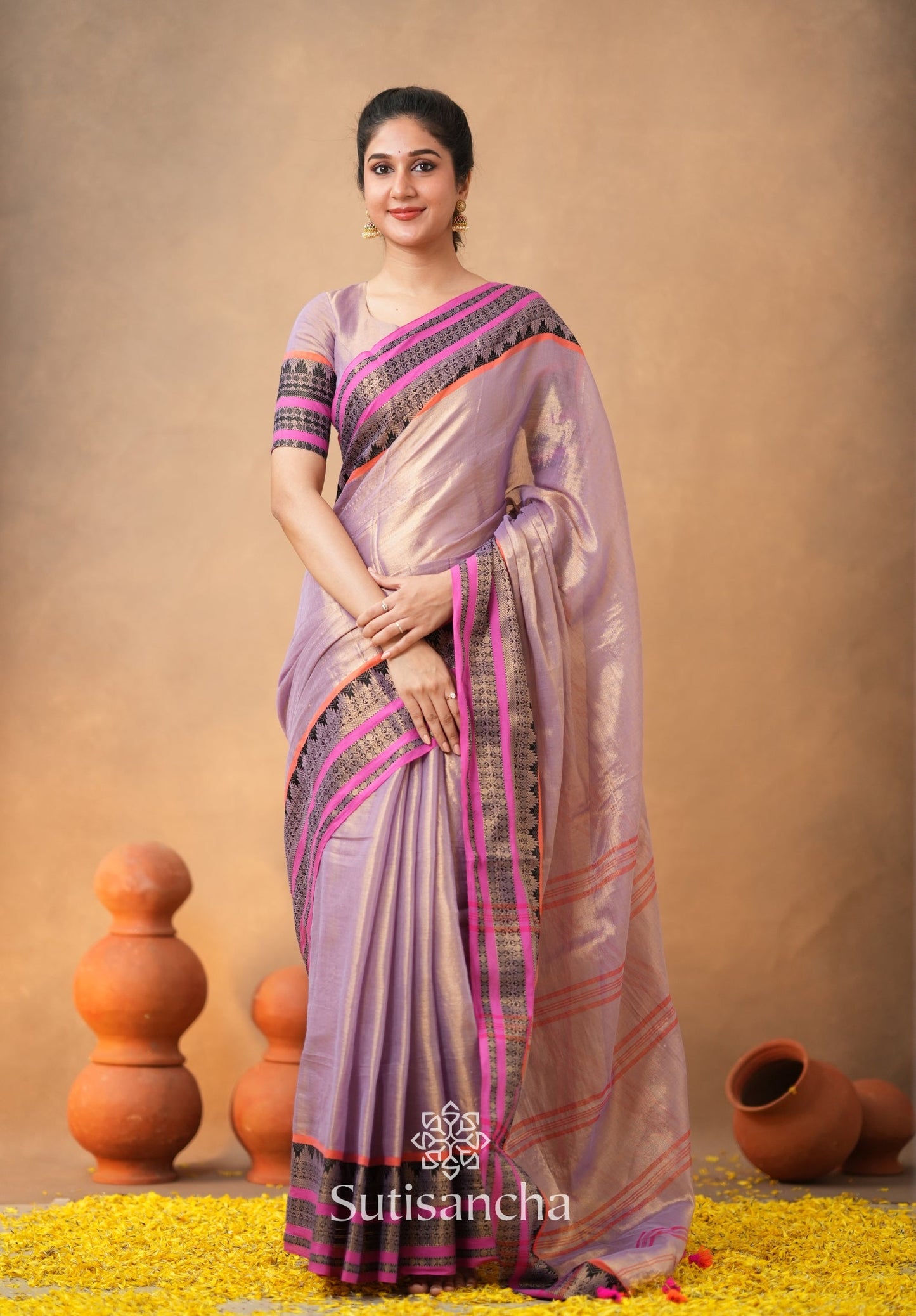 Dhiyona SS South Charm Tissue Cotton Saree with Traditional Border