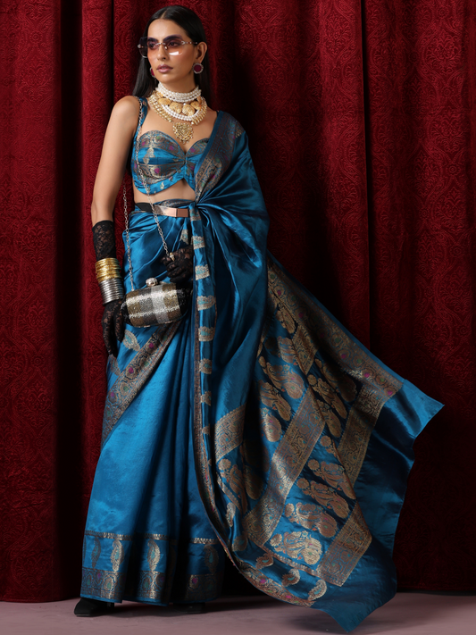 Dhiyona ST Banarasi Meena Kari Blue Pure Silk Saree with Blouse Fabric