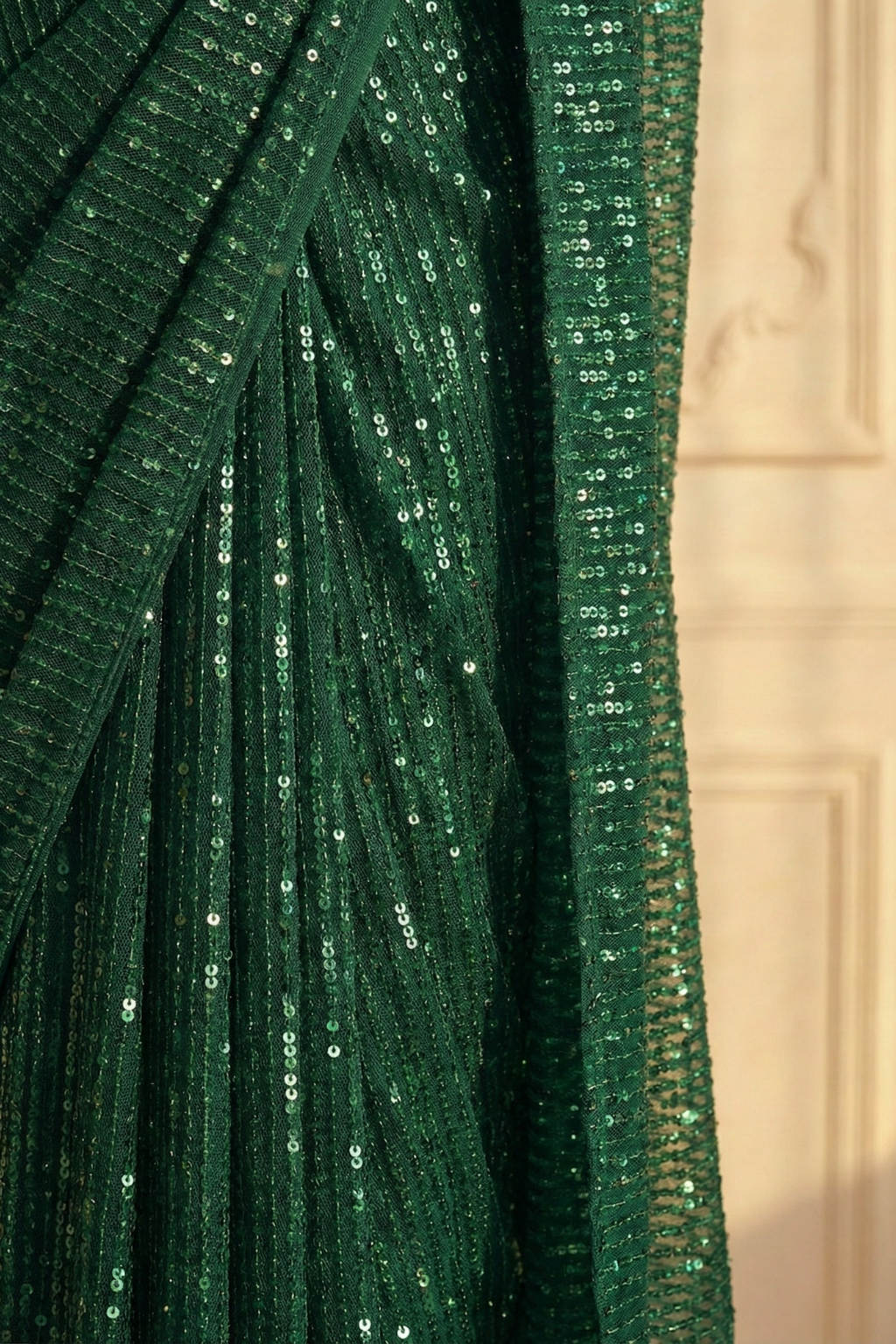 Dhiyona ST Emerald Green Knitted Sequin Saree with Blouse Fabric