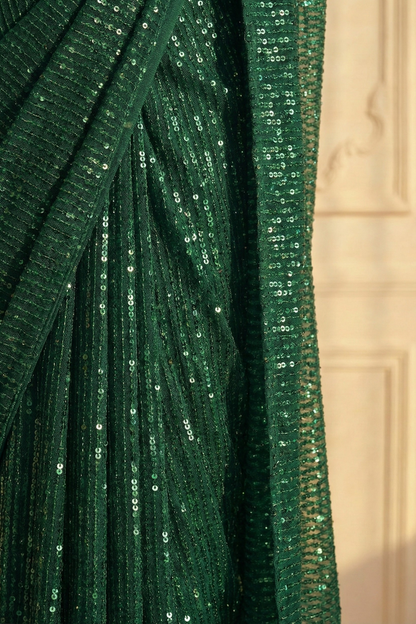 Dhiyona ST Emerald Green Knitted Sequin Saree with Blouse Fabric