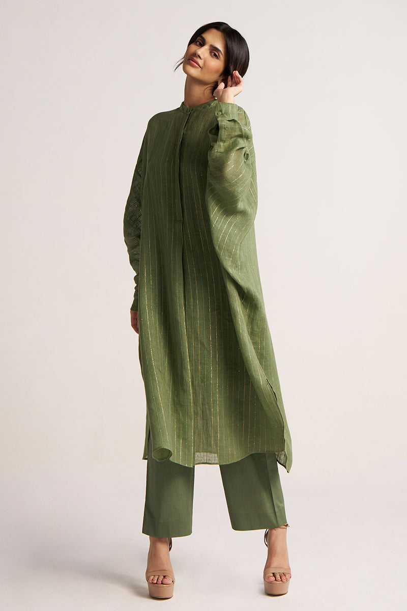 Women's Hedge Green Zari Linen Festive Co-ord Set