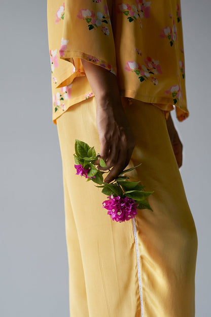 Women's Yellow Crepe Silk Printed Co-ord Set With Detailing Lace Work on Bottom Seam Line