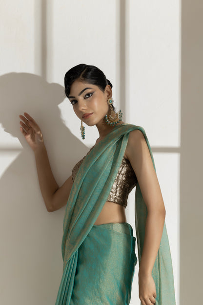 Dhiyona ST Paris Green Paisley Gold Design Chiffon Saree with Beaded Latkan