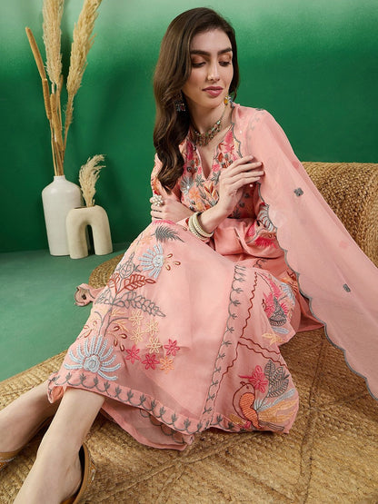 Dhiyona KL Floral Embroidered Thread Work Kurta With Palazzo & Dupatta