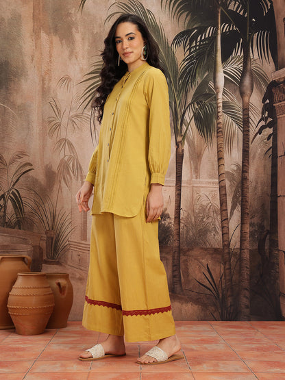 Pintucks Cotton-Linen Straight Kurti with Palazzos and Embroidered Waistcoat