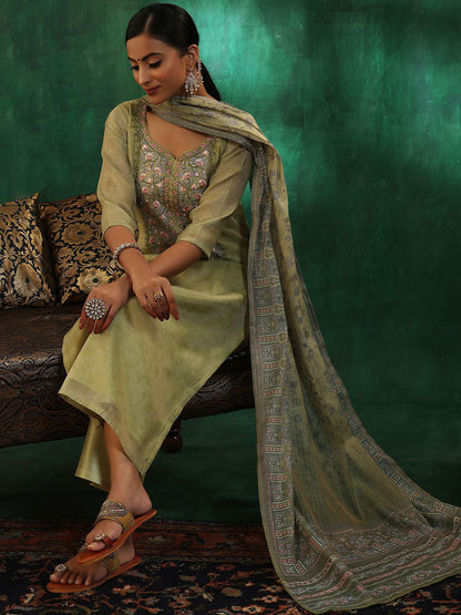 Women Floral Yoke Design Regular Beads and Stones Kurta with Trousers & With Dupatta