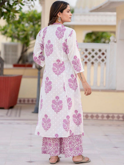 Dhiyona KL Floral Printed Pleated Pure Cotton A-Line Kurta with Palazzos & Dupatta