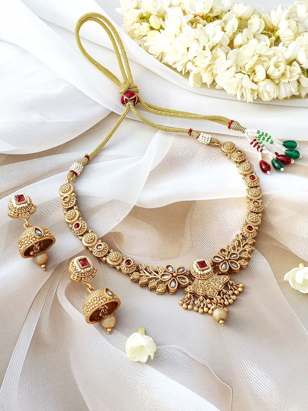 Dhiyona RJ Women's 24K Gold-Plated Ruby & Kundan Studded Floral Design Necklace Set with Jhumkas