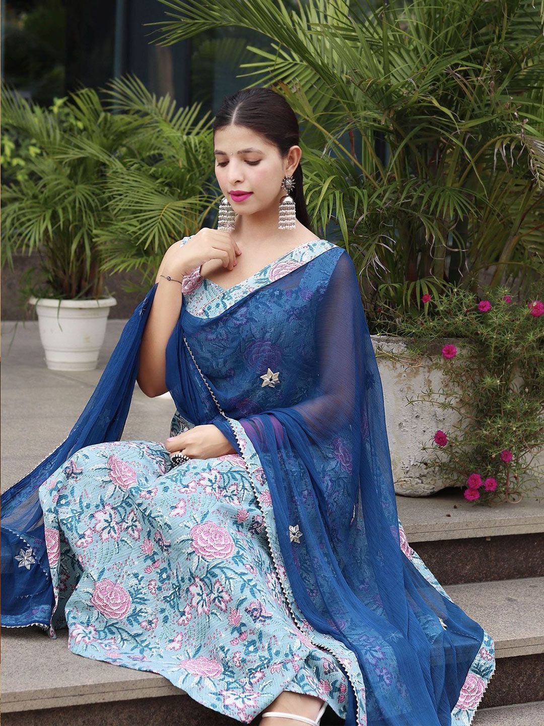 Dhiyona KL Floral Printed Sequinned Sleeveless Anarkali Kurta With Trouser & Dupatta