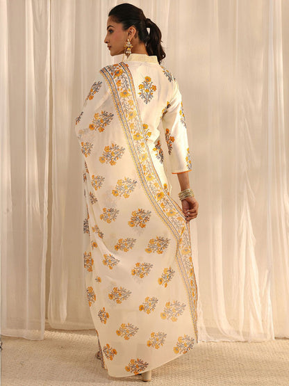 Off White Floral Printed Chanderi Silk Straight Suit Set with Dupatta