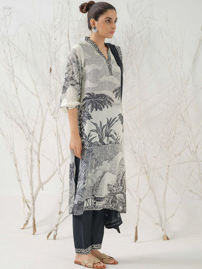 Dhiyona IS Women's Tribal Printed V-Neck Straight Kurta with Trousers & Dupatta