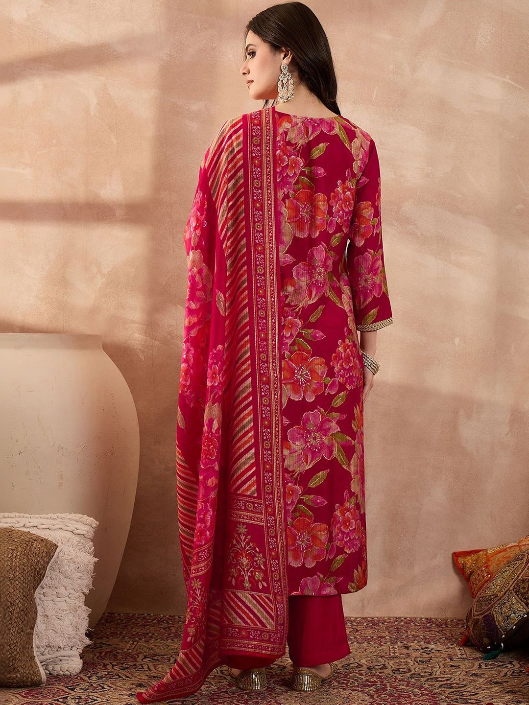 Dhiyona KL Women Floral Printed Regular Thread Work Kurta with Trousers & With Dupatta