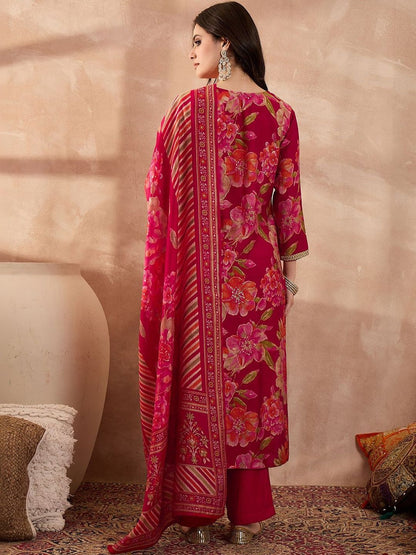 Dhiyona KL Women Floral Printed Regular Thread Work Kurta with Trousers & With Dupatta