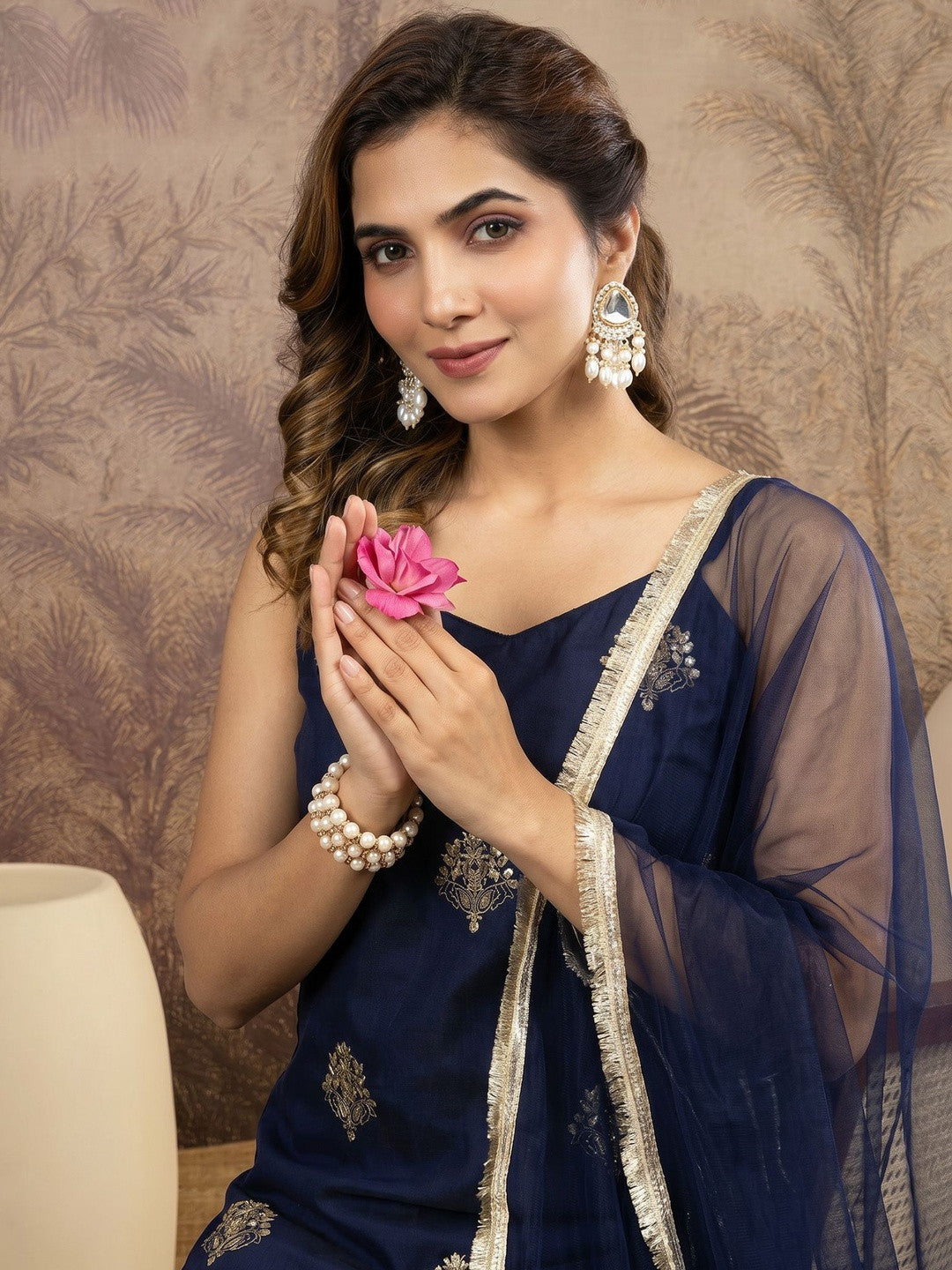 Embroidered Silk Blend Sweetheart Neck Kurta & Trousers With Dupatta
