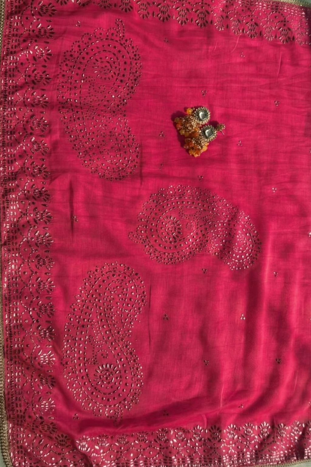 Dhiyona ST 3 Pc Unstitched Suit - Chanderi Pink Mukiesh Kurta with Lining ,Dupatta and Bottom
