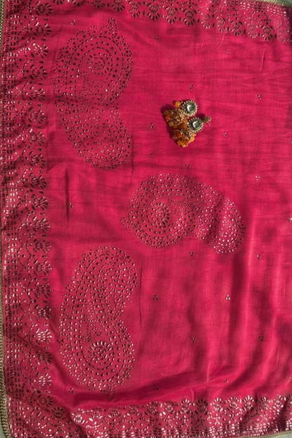 Dhiyona ST 3 Pc Unstitched Suit - Chanderi Pink Mukiesh Kurta with Lining ,Dupatta and Bottom